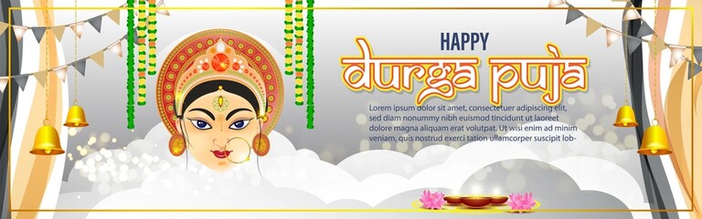 Wall Mural - illustration of Goddess Durga Face in Happy Durga Puja Subh Navratri abstract background with text Durga puja means Durga Puja