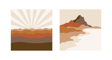 Vector square illustrations in simple line style - boho abstract print - simple natural landscape with mountains and hills