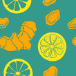 Seamless pattern with lemon and ginger. Colorful paper cut immunity food collection isolated on blue background. Doodle hand drawn vector illustration.