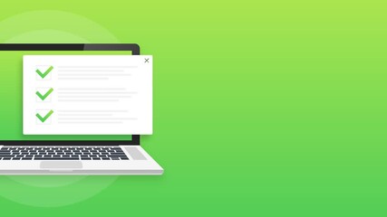 Poster - Checklist browser window. Check mark. White tick on laptop screen. Choice, survey concepts. Motion graphics