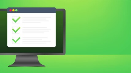 Poster - Checklist browser window. Check mark. White tick on laptop screen. Choice, survey concepts. Motion graphics