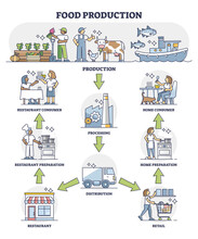 Food production, processing and distribution chain system outline diagram. Labeled educational scheme with home or restaurant consumer preparation with product purchase from retail vector illustration