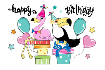 Summer flamingo, toucan and lettering Happy Birthday. Vector illustration of funny cartoon animals for t-shirt, greeting card, baby shower