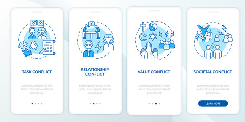 Conflict types blue onboarding mobile app page screen. Work relations walkthrough 4 steps graphic instructions with concepts. UI, UX, GUI vector template with linear color illustrations