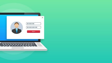 Poster - Login page on laptop screen. Notebook and online login form, sign in page. Motion graphics