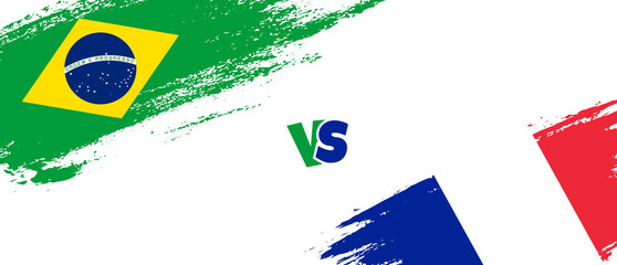 Creative Brazil vs France brush flag illustration. Artistic brush style two country flags relationship background