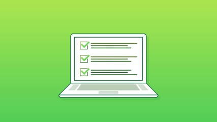 Poster - Checklist browser window. Check mark. White tick on laptop screen. Choice, survey concepts. Motion graphics