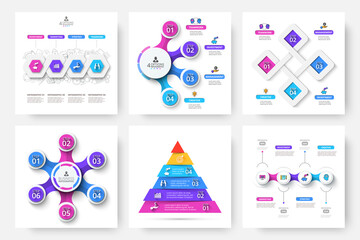 Nine slides with infographics elements for business presentation. Vector info graphic design templates. Concept with 4, 5 and 6 options, parts or steps