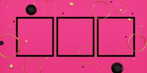 Wall Mural - black text frame on a pink background Decorated with beads and rings 3D illustration