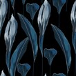 Exotic blue bright leaves seamless pattern on black background.