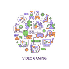 Fototapete - Video game abstract color concept layout with headline. Digital entertainment. Gamers console fun. Playing console creative idea. Isolated vector filled contour icons for web background