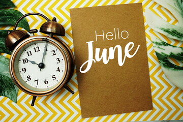 Wall Mural - hello june typography text on paper card with alarm clock and monstera leave