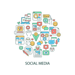 Fototapete - Social media abstract color concept layout with headline. Sharing, liking posts on internet. Digital blog. Online communication creative idea. Isolated vector filled contour icons for web background