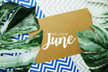 Wall Mural - welcome june typography text on paper card with alarm clock and monstera leave
