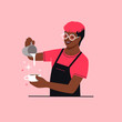 © Sophie Alp - Happy barista making coffee. non binary barista character with milk foam making cup of latte. Cappuccino espresso coffee bar smiling server. Hipster barista in cafe making hot beverage