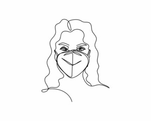 Poster - Continuous one line drawing of beautiful woman with medical mask icon in silhouette on a white background. Linear stylized.