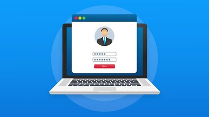 Poster - Login page on laptop screen. Notebook and online login form, sign in page. User profile, access to account. Motion graphics