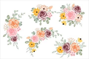 Wall Mural - set of flower arrangement bouquet with rose and leaves