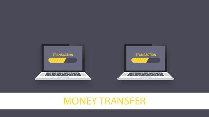 Poster - worldwide money transfer. sending yellow coins from smart phone in businessman. motion graphics