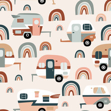 Seamless Vector Pattern With Vintage Camping Trailers And Cute Rainbows.