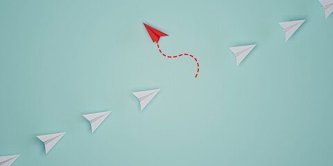 Poster - Red paper plane out of line with white paper to change disrupt and finding new normal way on blue background. Lift and business creativity new idea to discovery innovation technology. 3d render