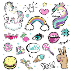 Fashion Patch Badges with unicorns, lips, hands and eyes. Pop art elements on a yellow background