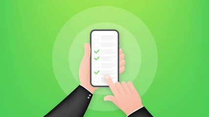 Poster - Checklist browser window. Check mark. White tick on smartphone screen. Choice, survey concepts. Motion graphics