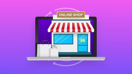 Sticker - Shopping Online on Website. Online store, shop concept on laptop screen. Motion graphics