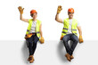 © Ljupco Smokovski - Male and female construction workers sitting on a panel and waving