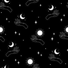 Wall Mural - Seamless pattern with hands, moon and sun. Hand drawn vector illustration. Black and white background. Texture for print, textile.