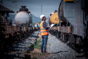 Canvas Print - Engineer under inspection and checking construction process railway switch and checking work on railroad station .Engineer wearing safety uniform and safety helmet in work.