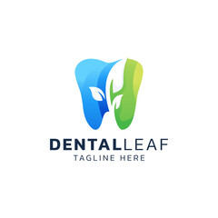 Wall Mural - Dental leaf nature concept logo, Dental care logo design vector.