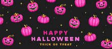 Trendy Pink Happy Halloween Banner Or Digital Invitation Background In Retro 8 Bit Pixel Art Style. Modern Vector Art Halloween Background With Pumpkin Jack. Halloween Poster With Toxic Pink Colors.