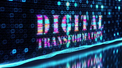 3D animation of Digital Transformation colorful text word flicker light animation loop with digital effect background 4k 3d seamless looping DigitalTransformation glitter effect element for intro, 
