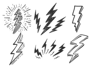 Poster - Set of electric lightning, thunder bolt in doodle style. isolated on white background. vector illustration