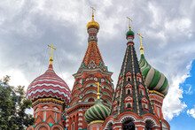 Decorative Domes Of St. Basil's Cathedral With Golden Crosses