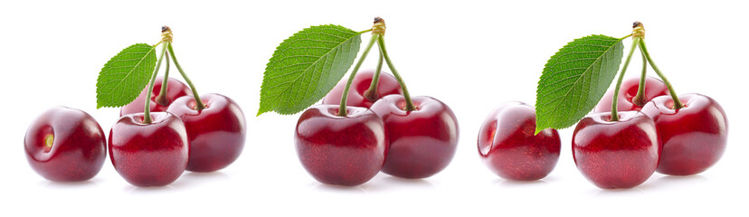 Wall Mural - Collage of sweet cherry with leaves on white background