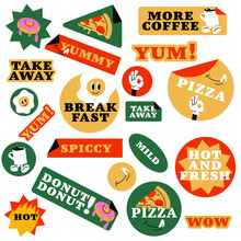 Vector Set Of Fast Food Stickers. Colorful Patch Badges For Junk Food Cafe.