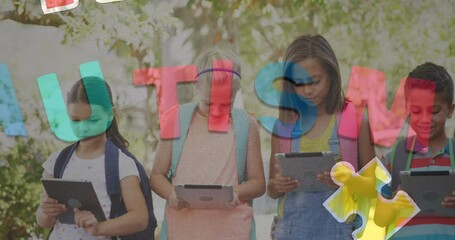 Poster - Animation of colourful puzzle pieces and autism text over kids friends using electronic devices