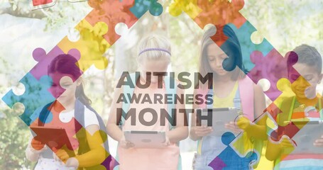 Poster - Animation of colourful puzzle pieces and autism text over kids friends using electronic devices