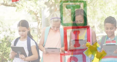 Poster - Animation of colourful puzzle pieces and blocks over kids friends using electronic devices
