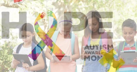 Poster - Animation of colourful puzzle pieces and autism text over kids friends using electronic devices