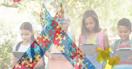 Poster - Animation of colourful puzzle pieces over kids friends using electronic devices
