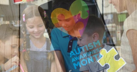 Poster - Animation of colourful puzzle pieces and heart over kids friends using electronic devices