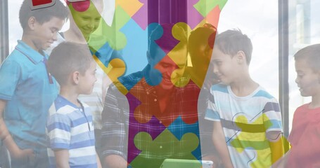 Poster - Animation of colourful puzzle pieces over kids and man using electronic devices