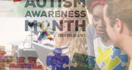 Poster - Animation of colourful puzzle pieces and autism text over business people using digital devices