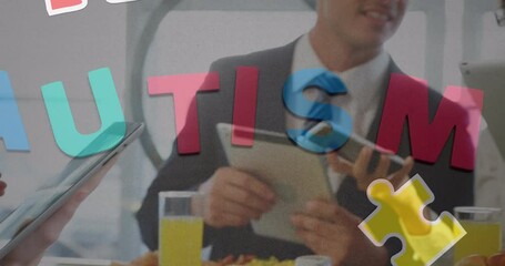 Poster - Animation of colourful puzzle pieces and autism text over business people using digital devices