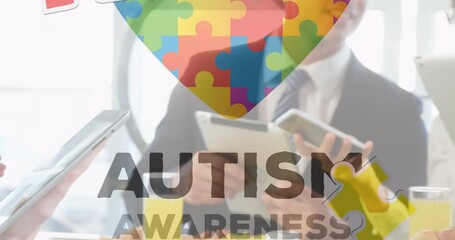 Poster - Animation of colourful puzzle pieces and autism text over business people using digital devices