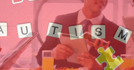 Poster - Animation of colourful puzzle pieces and autism text over business people using digital devices