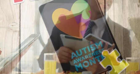 Poster - Animation of colourful puzzle pieces and autism text over business people using digital devices